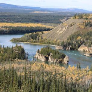 Auf dem Weg nach Dawson sind die Five Finger Rapids zu bewundern: Fuenf Felsen ragen aus dem Yukon River und erschwerten den Bootsverkehr. Mittlerweile wurde ein Fels gesprengt und die Fahrt entschaerft.